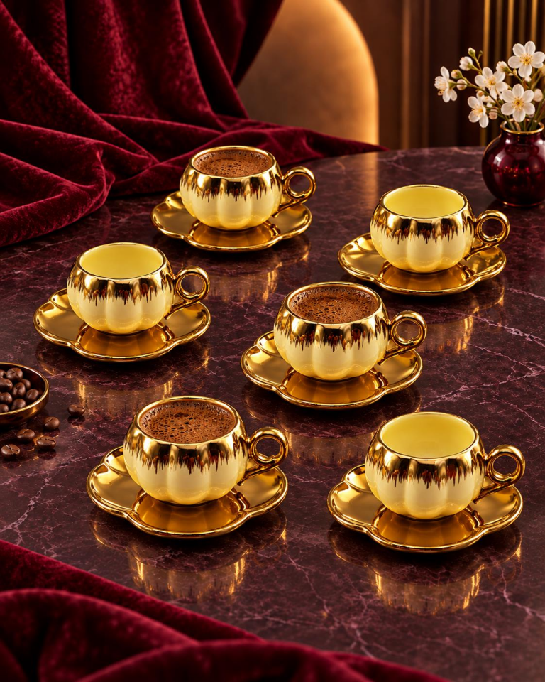 Valkyrie 6 Kişilik Krem Gold Balkabağı Model Türk Kahvesi Fincan Takımı 12 Parça 80 ml Çeyizlik Krem