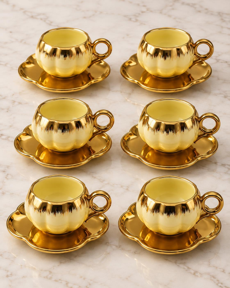 Valkyrie 6 Kişilik Krem Gold Balkabağı Model Türk Kahvesi Fincan Takımı 12 Parça 80 ml Çeyizlik Krem