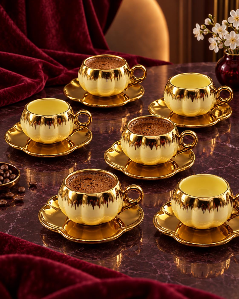 Valkyrie 6 Kişilik Krem Gold Balkabağı Model Türk Kahvesi Fincan Takımı 12 Parça 80 ml Çeyizlik Krem