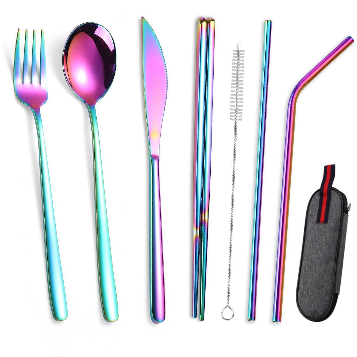 Valkyrie 8 Parça Çantalı Yolculuk Çatal Bıçak Kaşık Pipet Chopstick Seti Kamp Okul Ofis Tatil Paslanmaz Çelik Renkli