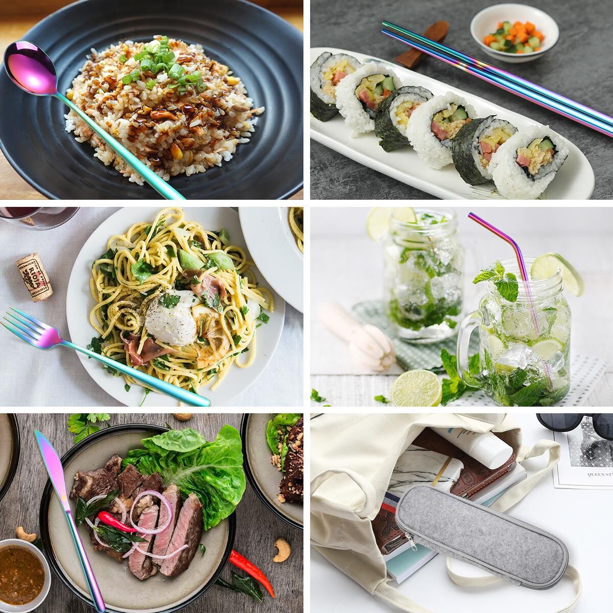 Valkyrie 8 Parça Çantalı Yolculuk Çatal Bıçak Kaşık Pipet Chopstick Seti Kamp Okul Ofis Tatil Paslanmaz Çelik Renkli