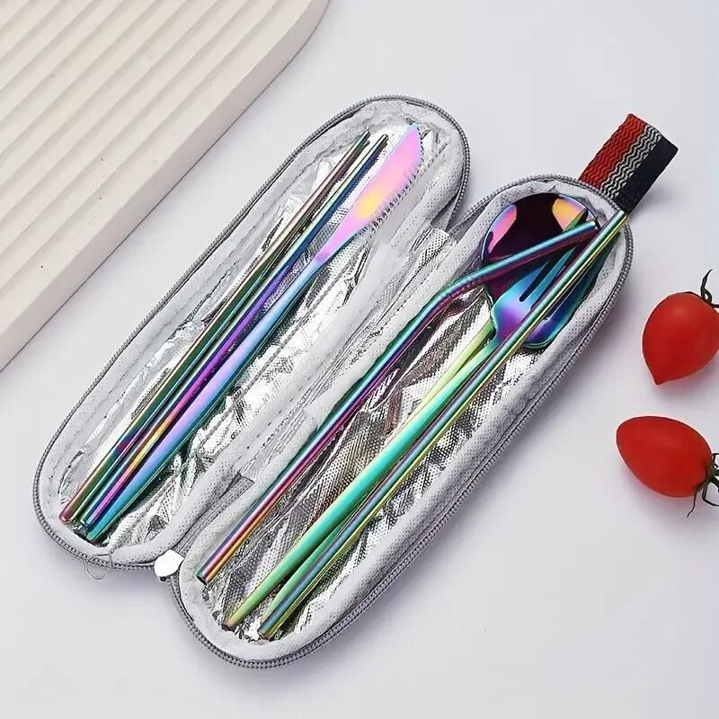 Valkyrie 8 Parça Çantalı Yolculuk Çatal Bıçak Kaşık Pipet Chopstick Seti Kamp Okul Ofis Tatil Paslanmaz Çelik Renkli