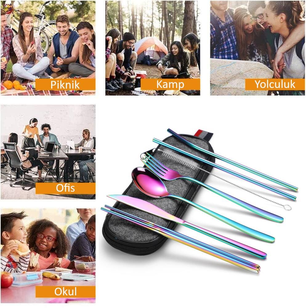 Valkyrie 8 Parça Çantalı Yolculuk Çatal Bıçak Kaşık Pipet Chopstick Seti Kamp Okul Ofis Tatil Paslanmaz Çelik Renkli