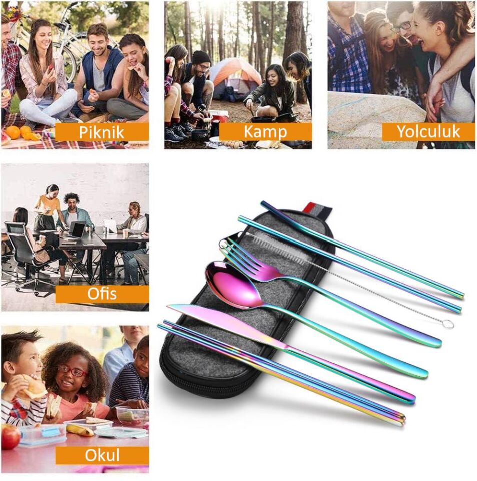 Valkyrie 8 Parça Çantalı Yolculuk Çatal Bıçak Kaşık Pipet Chopstick Seti Kamp Okul Ofis Tatil Paslanmaz Çelik Renkli