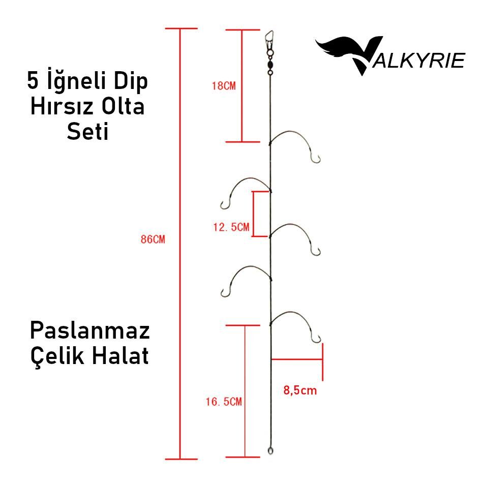Valkyrie 5 İğneli Paslanmaz Çelik Halatlı Dip Hırsız Olta Takımı 4’lü Set – 6# Karbon Çelik İğne