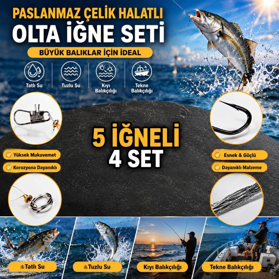 Valkyrie 5 İğneli Paslanmaz Çelik Halatlı Dip Hırsız Olta Takımı 4’lü Set – 6# Karbon Çelik İğne