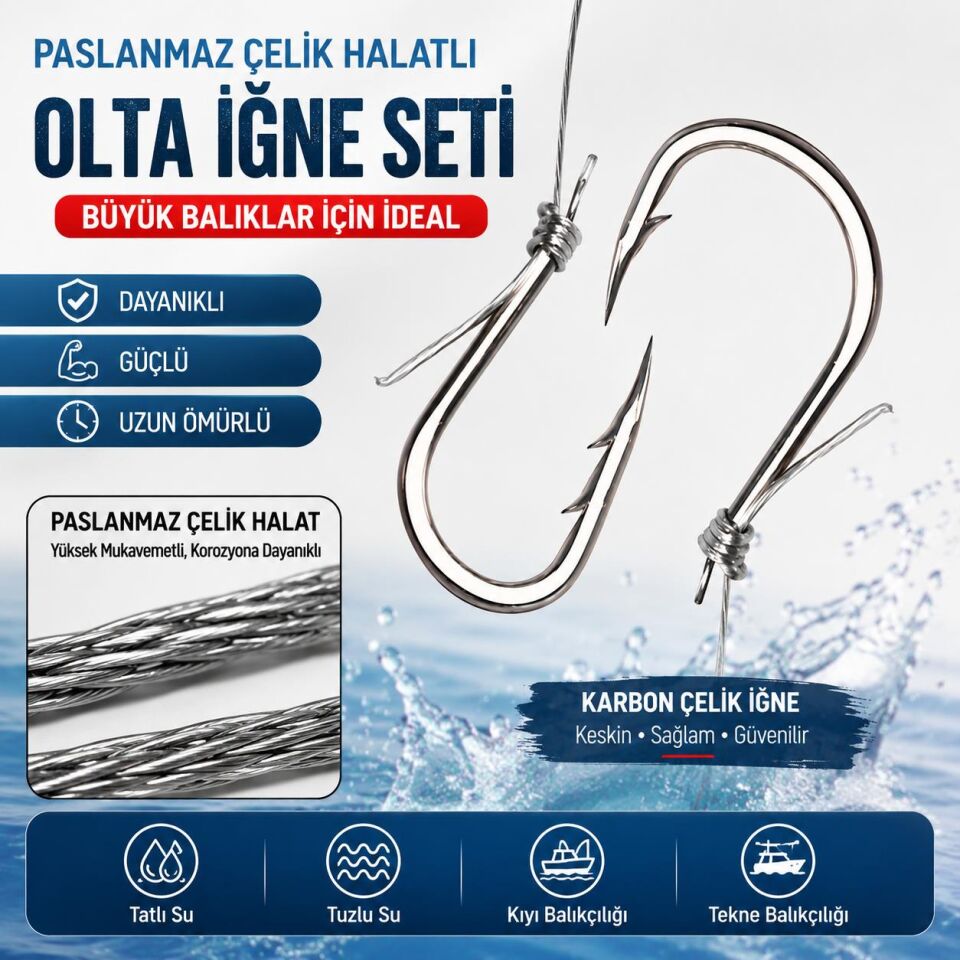 Valkyrie 5 İğneli Paslanmaz Çelik Halatlı Dip Hırsız Olta Takımı 4’lü Set – 6# Karbon Çelik İğne