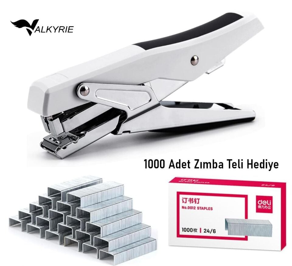 Valkyrie Profesyonel Metal Zımba Tabancası 60 Sayfa Kapasite 1000 Zımba Teli HEDİYE Ofis ve Ev Dayanıklı Beyaz