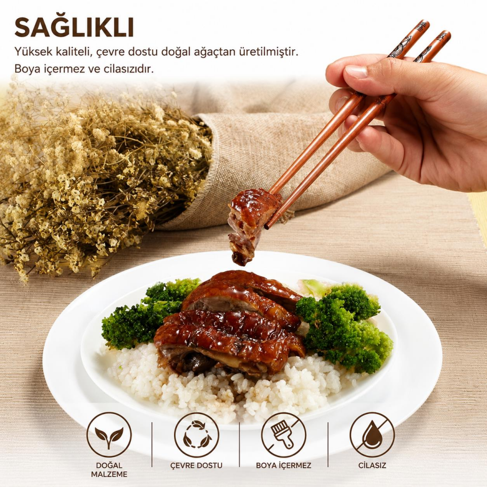 Valkyrie Doğal Ahşap Yemek Çubuğu Seti 2 Çift – Ejderha Desenli Çubuk Tutacaklı Kutulu 22,9 cm Chopstick Seti