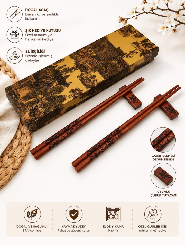 Valkyrie Doğal Ahşap Yemek Çubuğu Seti 2 Çift – Ejderha Desenli Çubuk Tutacaklı Kutulu 22,9 cm Chopstick Seti