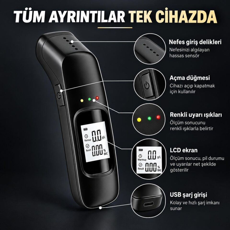 Valkyrie Dijital Alkol Test Cihazı USB Şarjlı Temassız Nefes Ölçer LCD Ekranlı Taşınabilir Alkolmetre