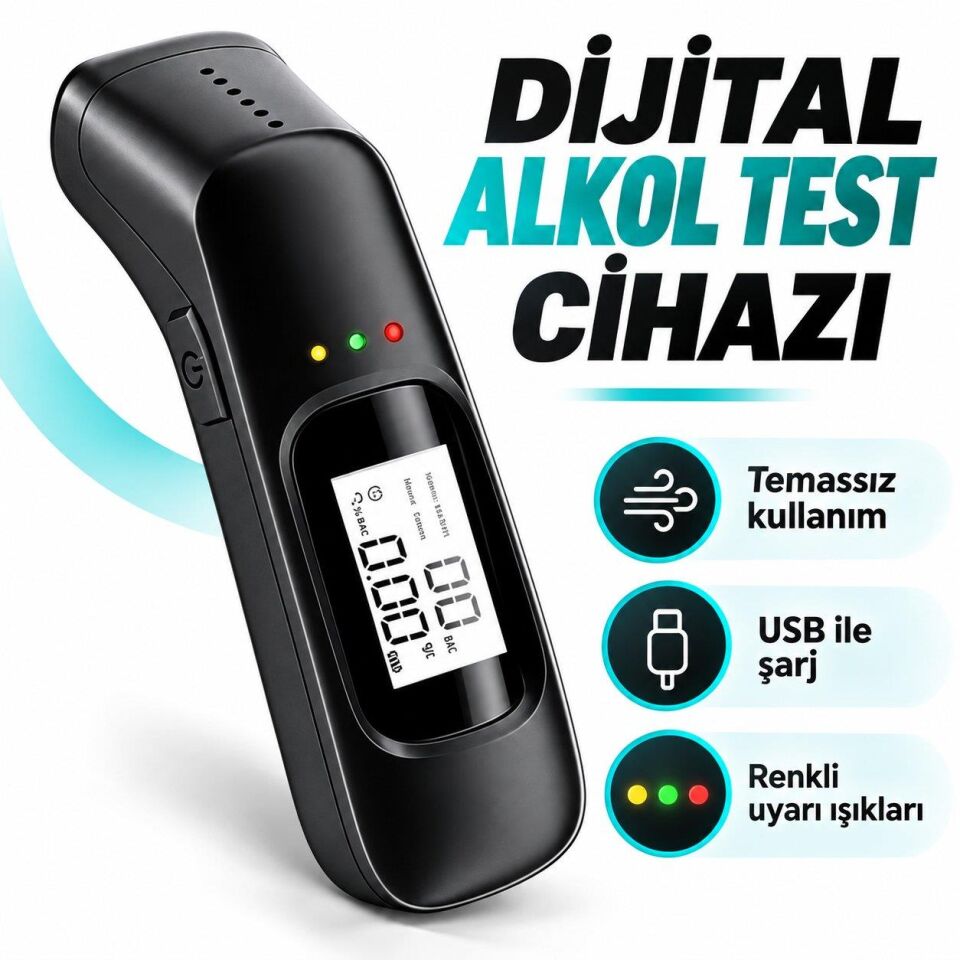Valkyrie Dijital Alkol Test Cihazı USB Şarjlı Temassız Nefes Ölçer LCD Ekranlı Taşınabilir Alkolmetre