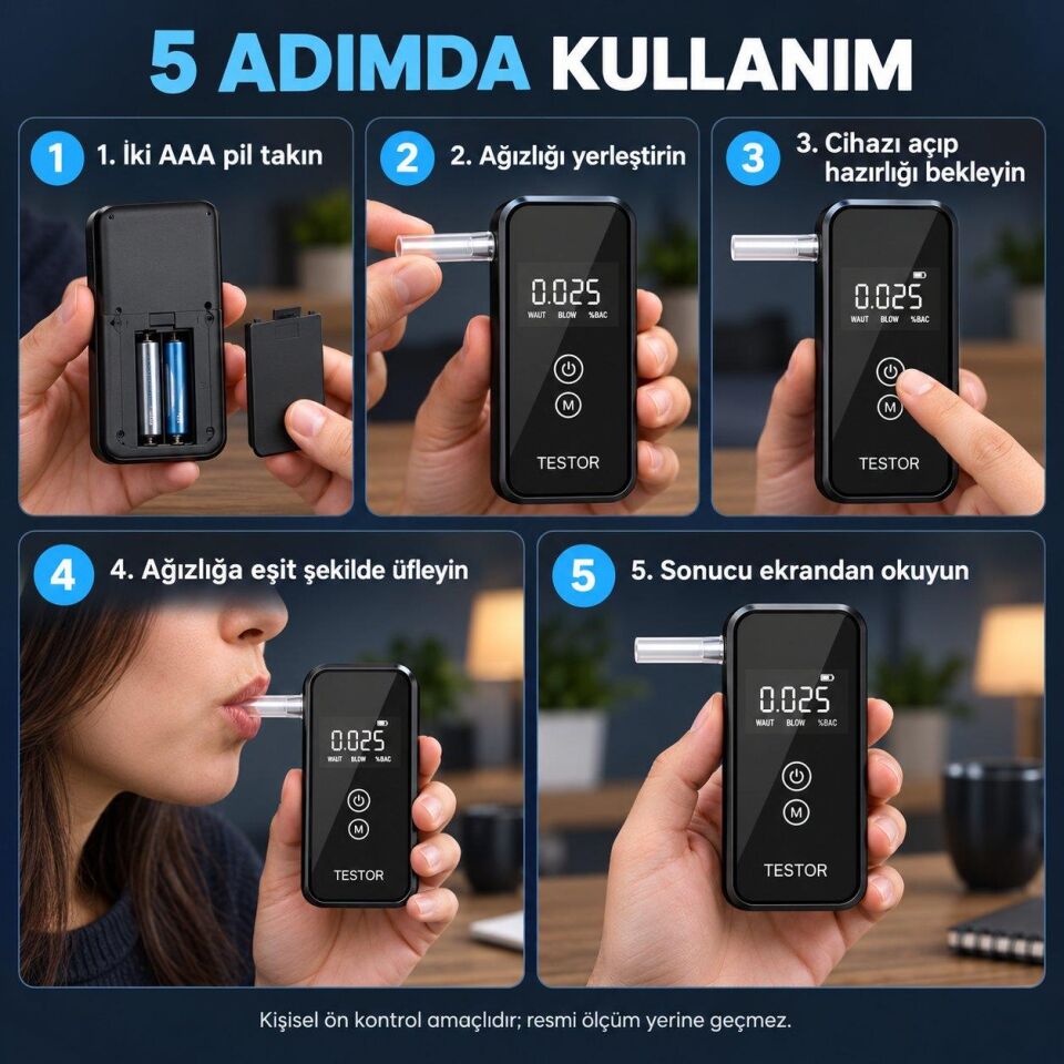 Dijital Alkol Test Cihazı 8 Ağızlıklı Hafızalı LCD Ekranlı 2 AAA Pilli Taşınabilir Alkolmetre