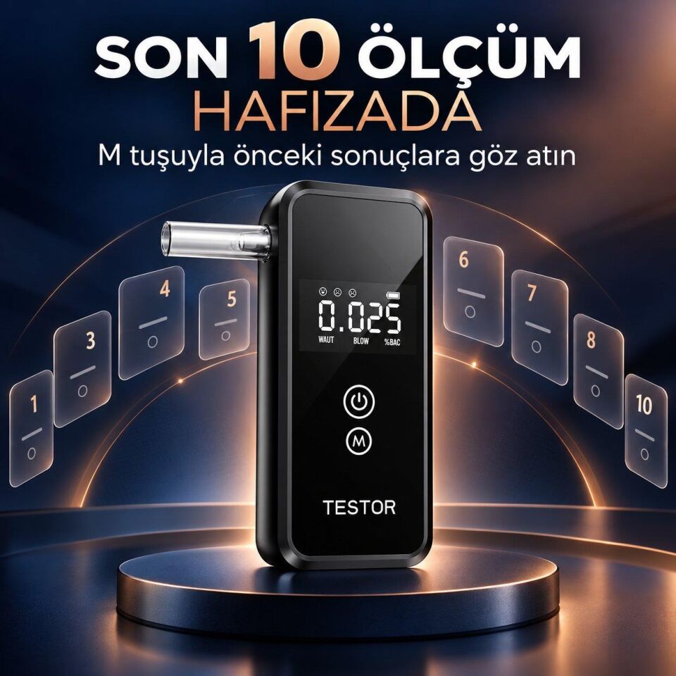 Dijital Alkol Test Cihazı 8 Ağızlıklı Hafızalı LCD Ekranlı 2 AAA Pilli Taşınabilir Alkolmetre