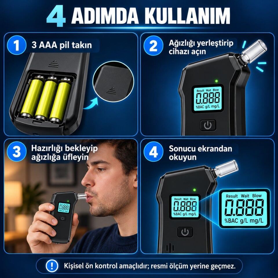 Valkyrie Dijital Alkol Test Cihazı 5 Ağızlıklı LCD Ekranlı LED Işıklı 3 AAA Pilli Taşınabilir Alkolmetre