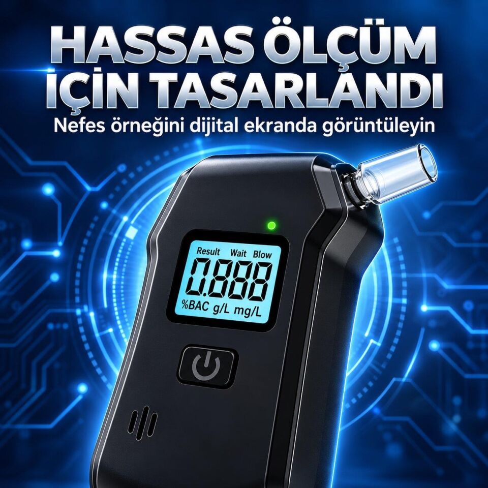 Valkyrie Dijital Alkol Test Cihazı 5 Ağızlıklı LCD Ekranlı LED Işıklı 3 AAA Pilli Taşınabilir Alkolmetre