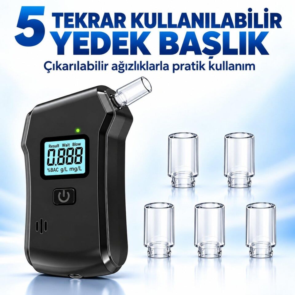 Valkyrie Dijital Alkol Test Cihazı 5 Ağızlıklı LCD Ekranlı LED Işıklı 3 AAA Pilli Taşınabilir Alkolmetre