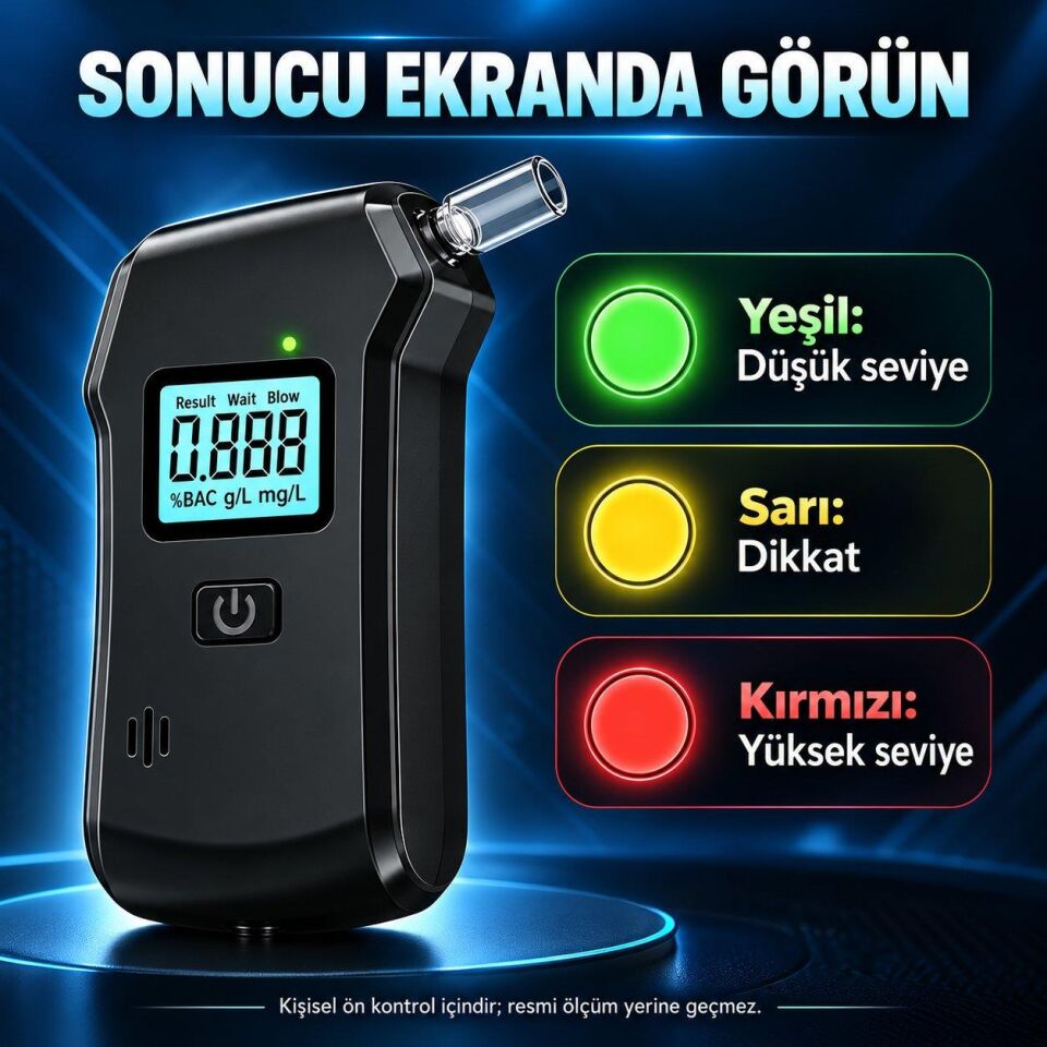 Valkyrie Dijital Alkol Test Cihazı 5 Ağızlıklı LCD Ekranlı LED Işıklı 3 AAA Pilli Taşınabilir Alkolmetre