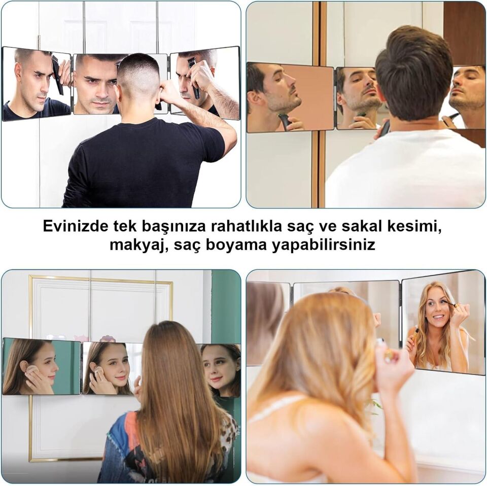 Valkyrie LED Işıklı Şarjlı  360° 3 Yön Kişisel Saç Sakal Kesimi Berber Aynası - Teleskopik Duvar Askısı - Katlanabilir Tasarım - Makyaj, Sakal Saç Tasarımı