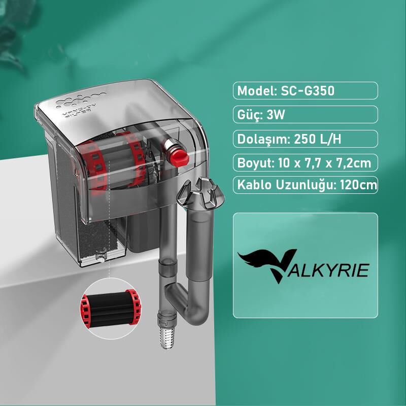 Valkyrie Akvaryum Askılı Şelale Filtre 3W 250 L/H Sessiz Çalışma Yüzey Temizleyici Sünger Filtreli