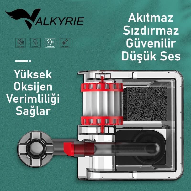 Valkyrie Akvaryum Askılı Şelale Filtre 3W 250 L/H Sessiz Çalışma Yüzey Temizleyici Sünger Filtreli