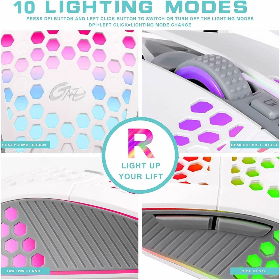 Valkyrie Sessiz Tuşlu Wireless 2.4G 8 Button RGB LED Gaming Mouse - Silent Button - One Click Desktop Beyaz