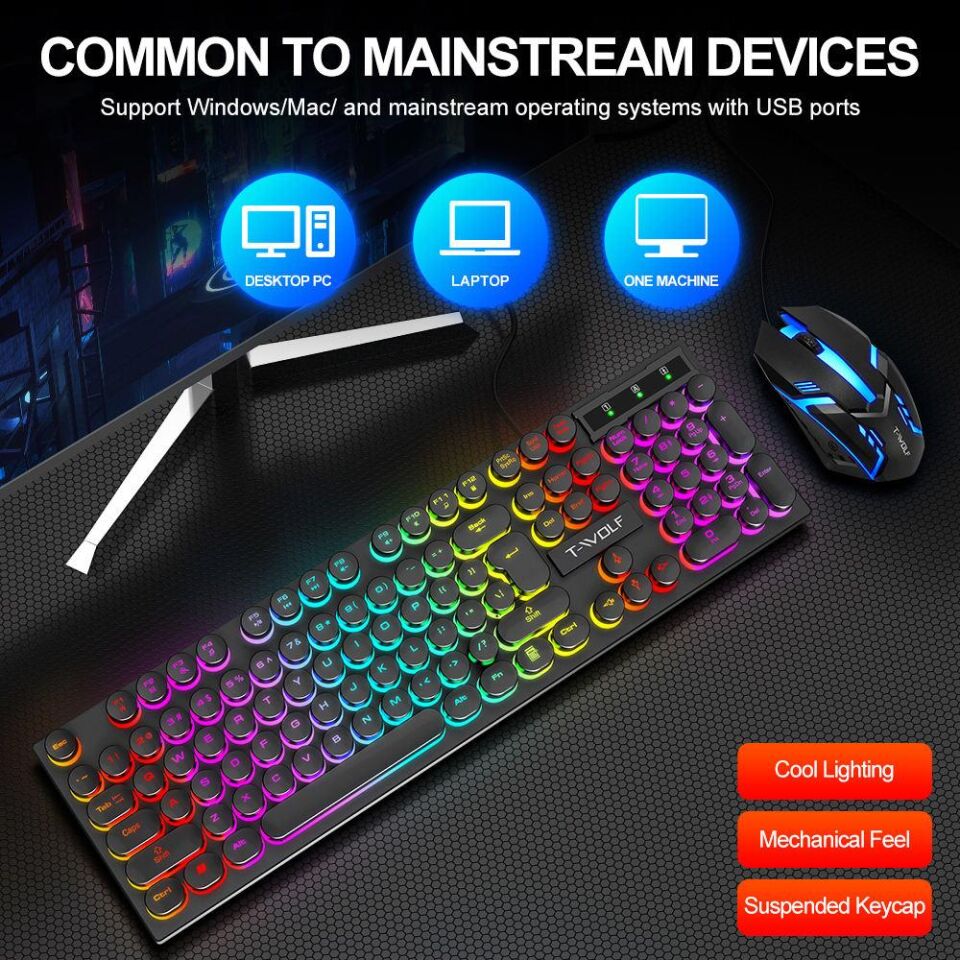 Valkyrie T-Wolf TF270 Rainbow RGB Mekanik Hisli Gaming Klavye Mouse Seti Punk Keycap İNGİLİZCE