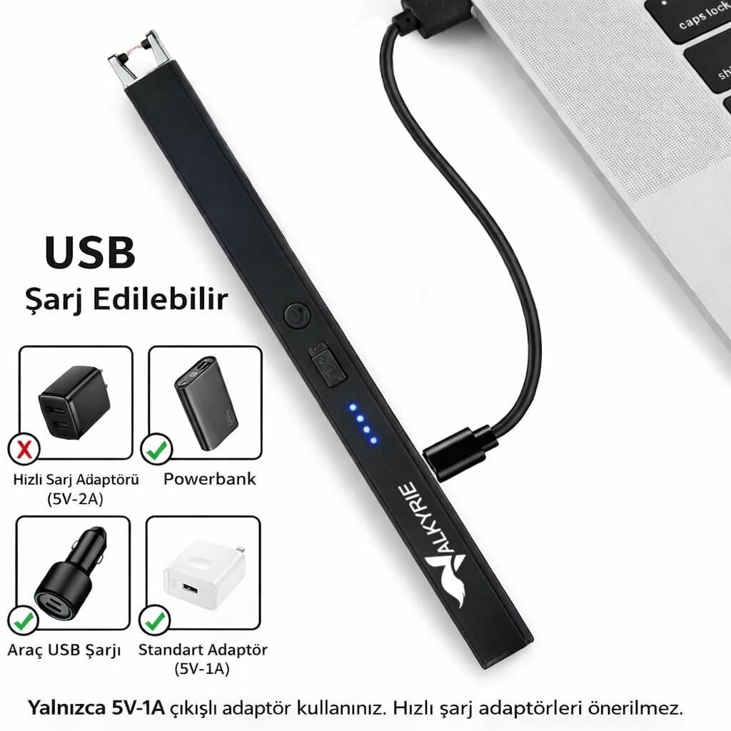 Valkyrie USB Şarjlı Elektrikli Arc Çakmak | Mum İçin | Gazsız | Rüzgar Kırıcı | Çift Emniyetli | Siyah Renk