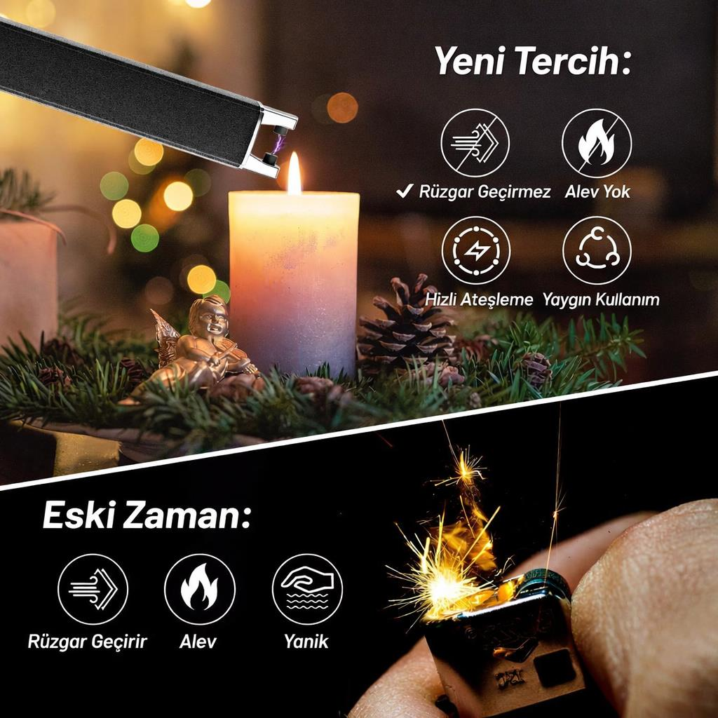 Valkyrie USB Şarjlı Elektrikli Arc Çakmak | Mum İçin | Gazsız | Rüzgar Kırıcı | Çift Emniyetli | Siyah Renk