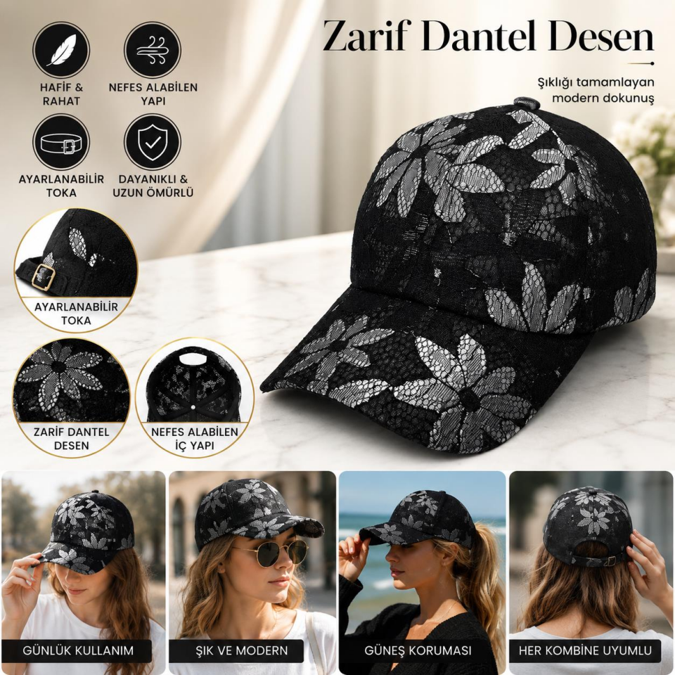 Valkyrie Kadın Siyah Çiçek Dantel Desenli Baseball Şapka Ayarlanabilir Nefes Alan Yazlık Şapka