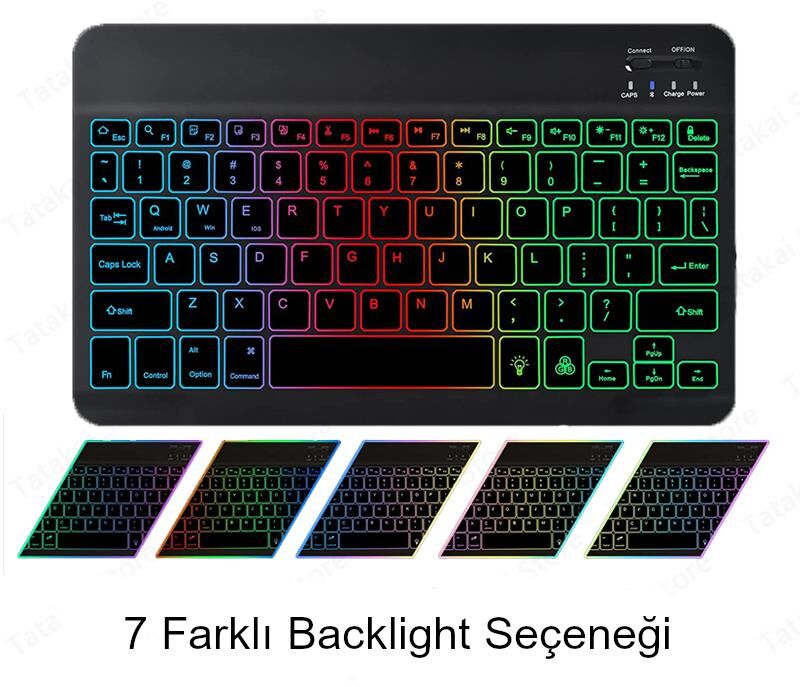 Valkyrie BL30 RGB 7 Renk Rainbow Bluetooth Kablosuz Türkçe Klavye - Android ios Windows Uyumlu - Şarjlı - 10 inç - Multimedia - Ultra İnce Tasarım