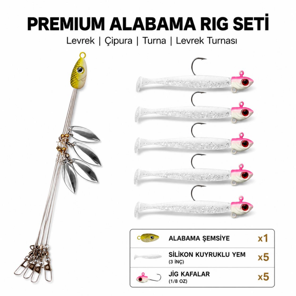 Valkyrie Alabama Rig Seti 1 Şemsiye 5 Jig Kafa 5 Silikon Yem Hazır Turna Levrek Avı Spinner Rig Takımı