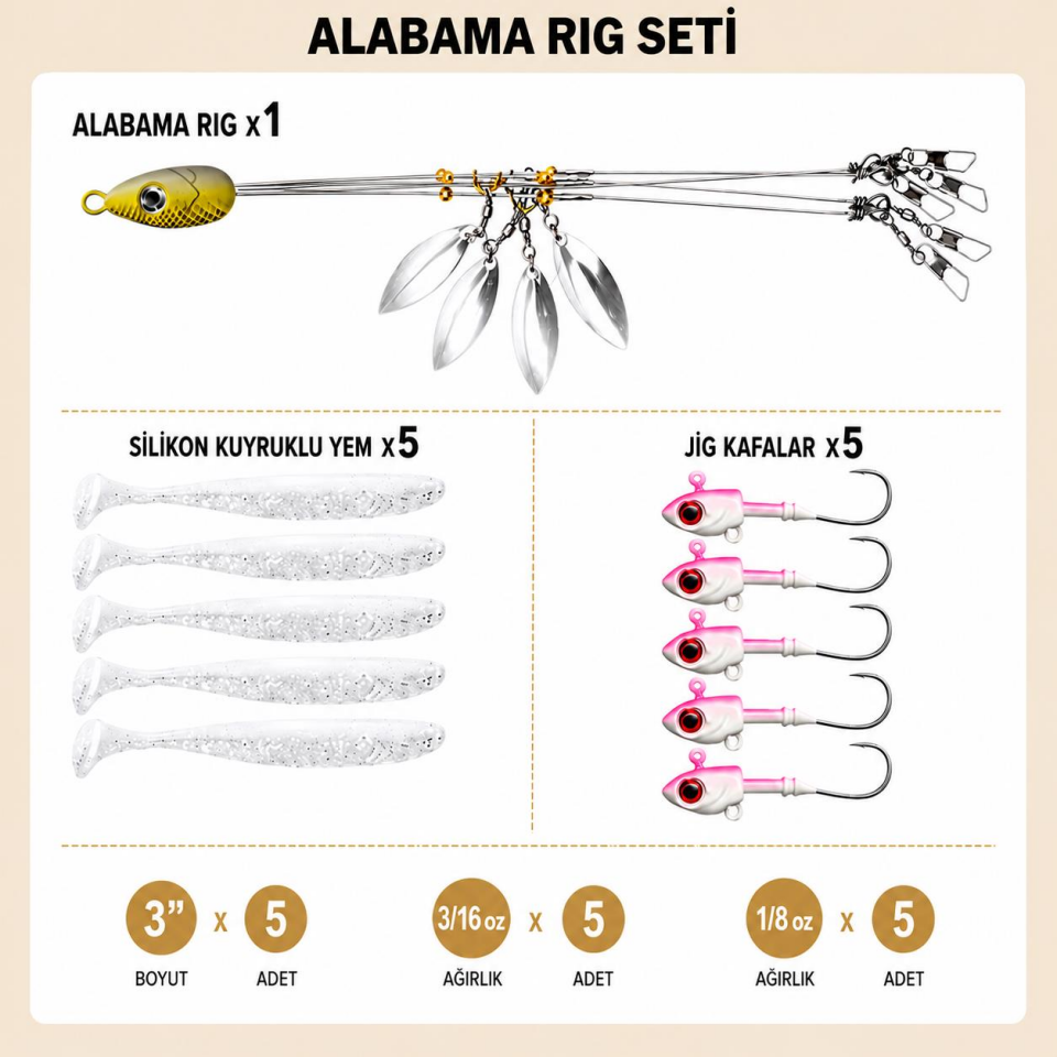 Valkyrie Alabama Rig Seti 1 Şemsiye 5 Jig Kafa 5 Silikon Yem Hazır Turna Levrek Avı Spinner Rig Takımı