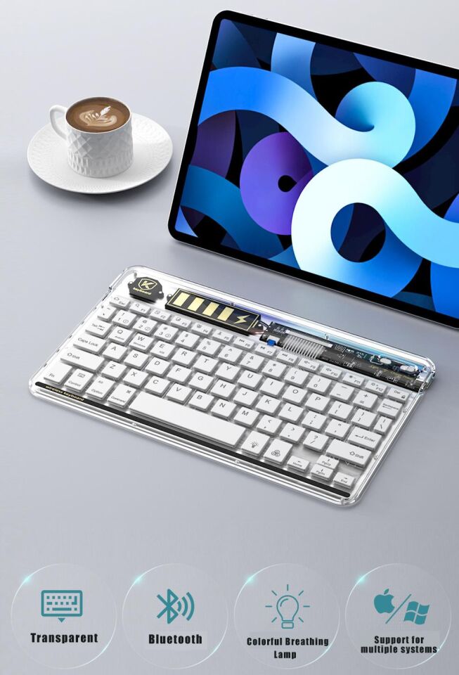 Valkyrie RGB bkz-30 7 Renk Bluetooth Şeffaf Türkçe Klavye - Android ios Windows Uyumlu - Şarjlı - 10 inç - Multimedia - Ultra İnce Tasarım bkz30