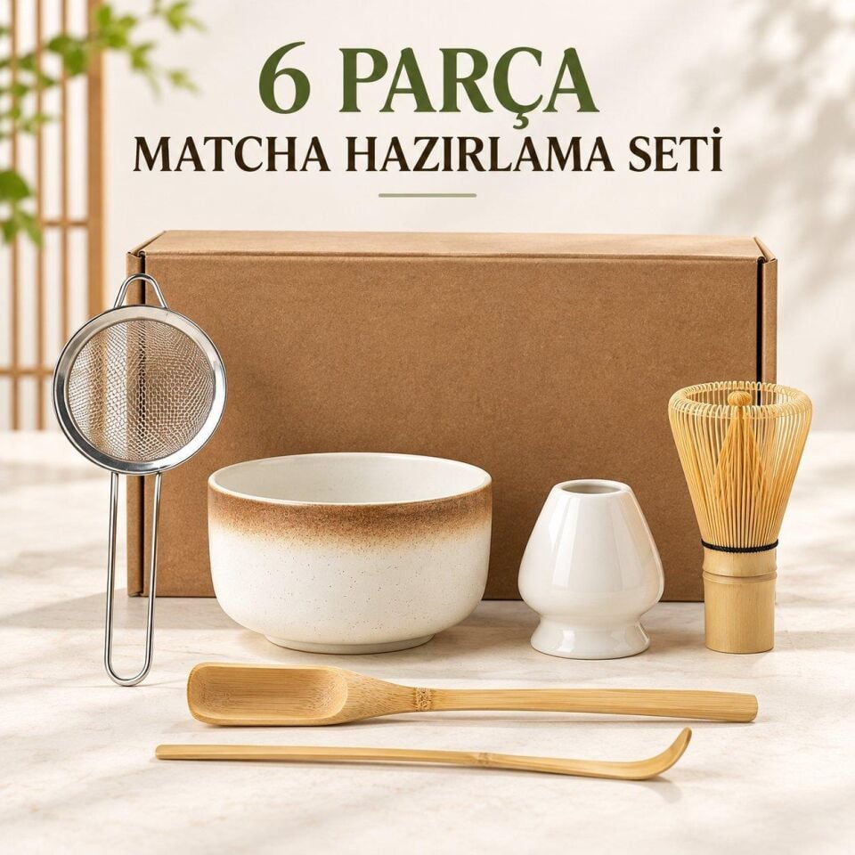 Valkyrie 6 Parça Matcha Hazırlama Seti Bambu Çırpıcı Seramik Kase Süzgeç Ölçü ve Kaşık Kahve