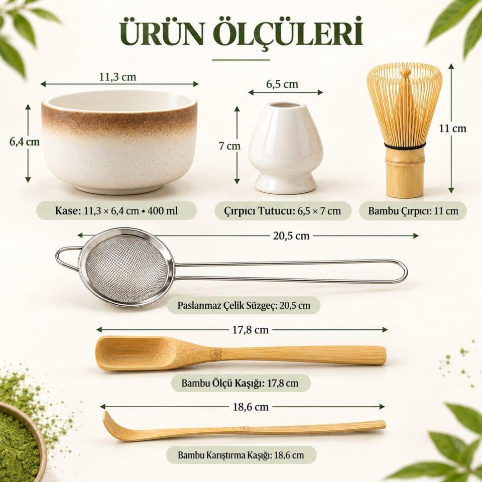 Valkyrie 6 Parça Matcha Hazırlama Seti Bambu Çırpıcı Seramik Kase Süzgeç Ölçü ve Kaşık Kahve
