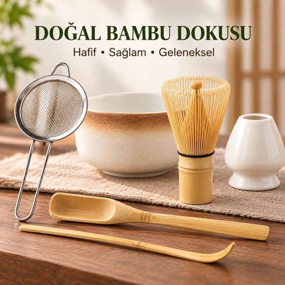 Valkyrie 6 Parça Matcha Hazırlama Seti Bambu Çırpıcı Seramik Kase Süzgeç Ölçü ve Kaşık Kahve