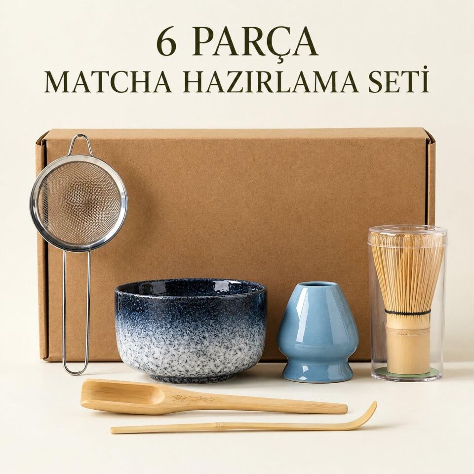 Valkyrie 6 Parça Matcha Hazırlama Seti Bambu Çırpıcı Seramik Kase Süzgeç Ölçü ve Kaşık Mavi