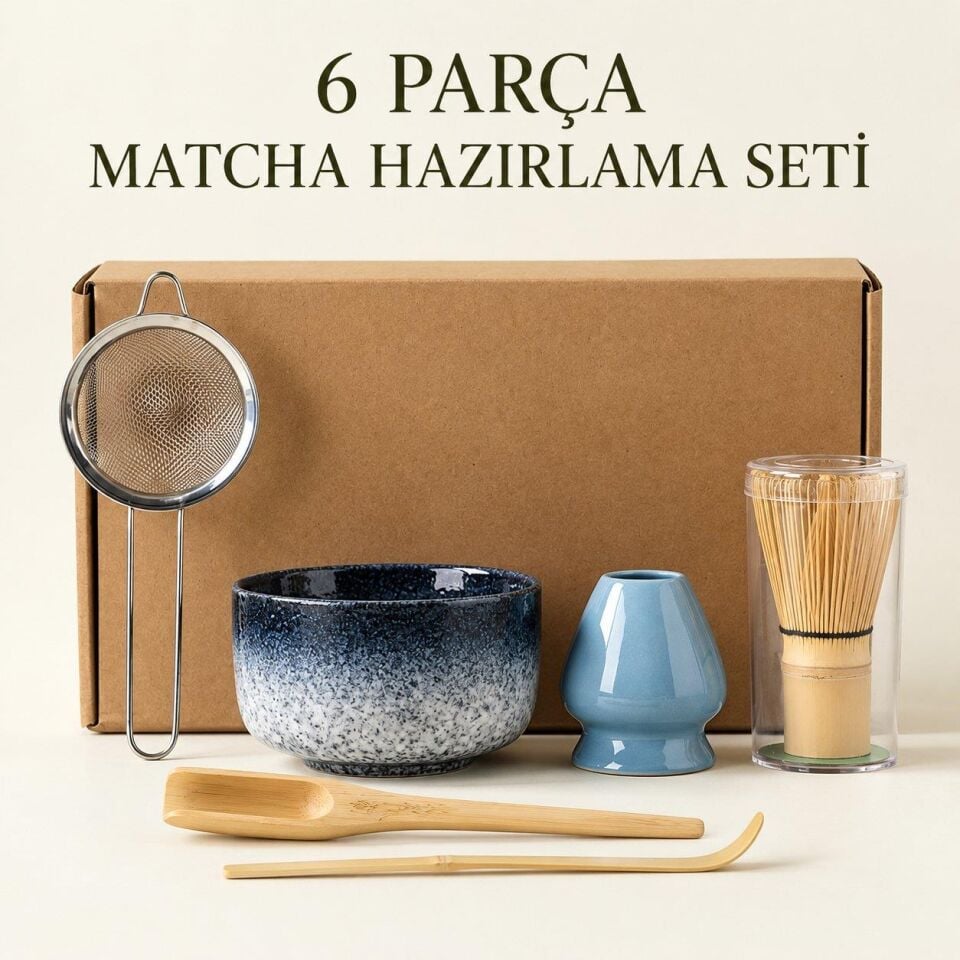 Valkyrie 6 Parça Matcha Hazırlama Seti Bambu Çırpıcı Seramik Kase Süzgeç Ölçü ve Kaşık Mavi