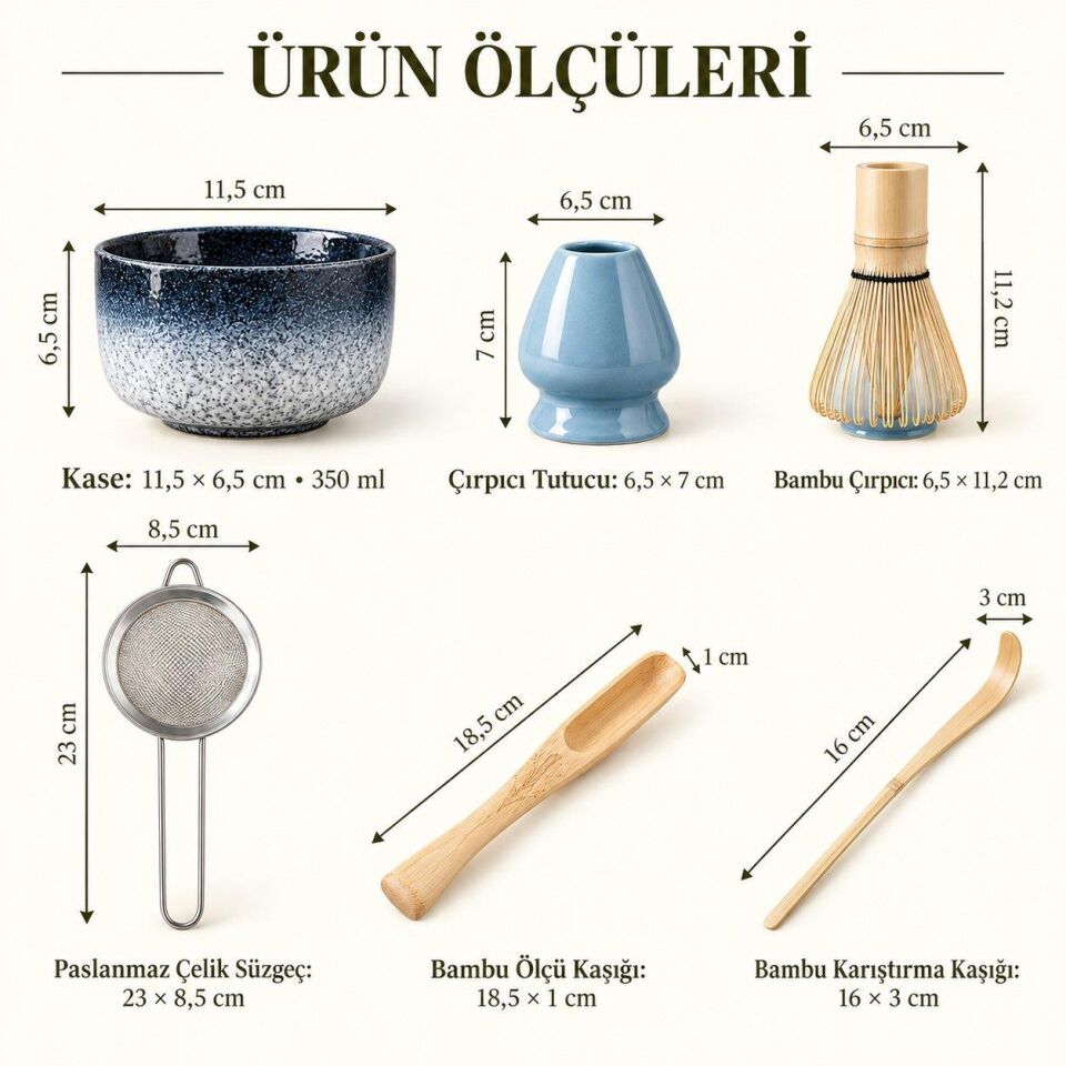 Valkyrie 6 Parça Matcha Hazırlama Seti Bambu Çırpıcı Seramik Kase Süzgeç Ölçü ve Kaşık Mavi
