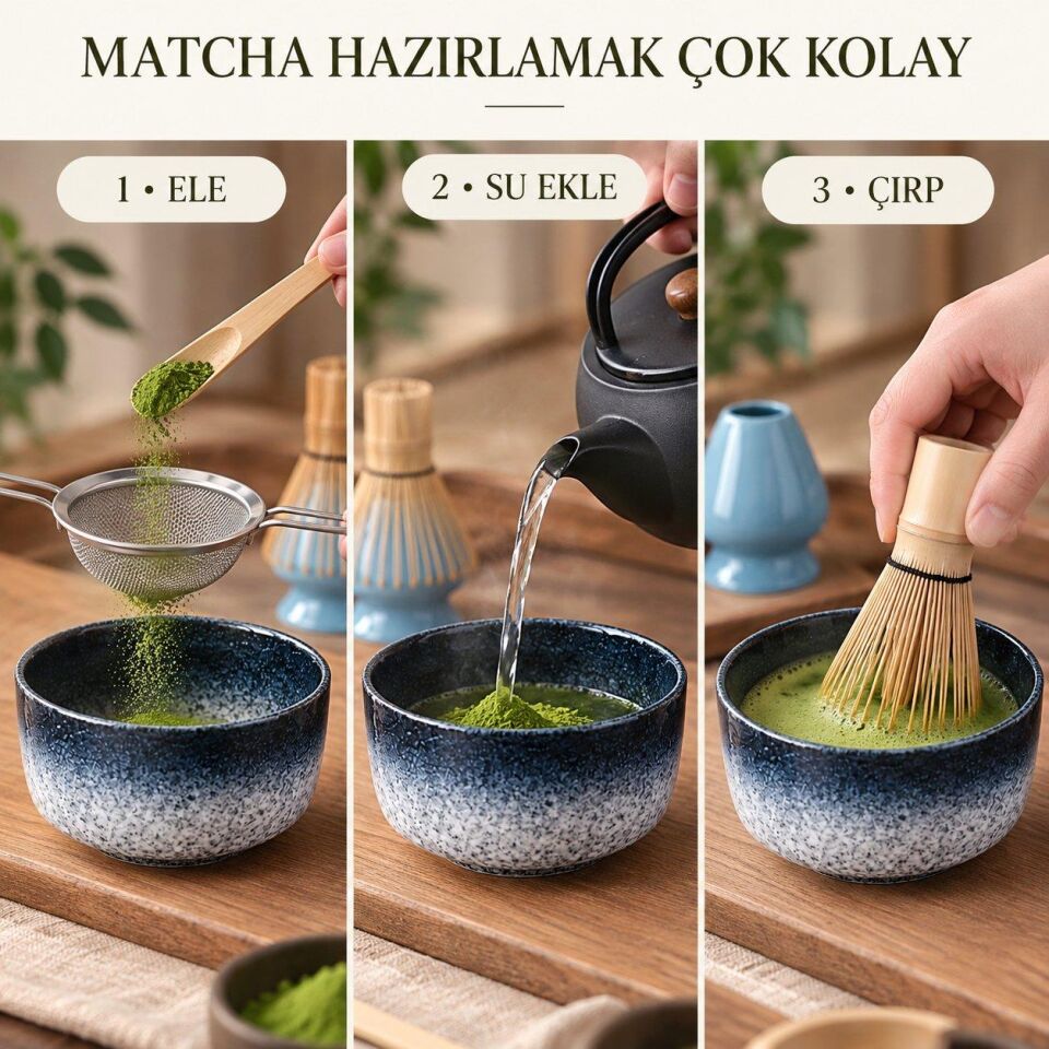 Valkyrie 6 Parça Matcha Hazırlama Seti Bambu Çırpıcı Seramik Kase Süzgeç Ölçü ve Kaşık Mavi