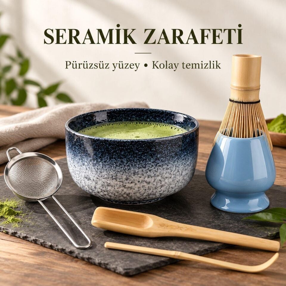 Valkyrie 6 Parça Matcha Hazırlama Seti Bambu Çırpıcı Seramik Kase Süzgeç Ölçü ve Kaşık Mavi