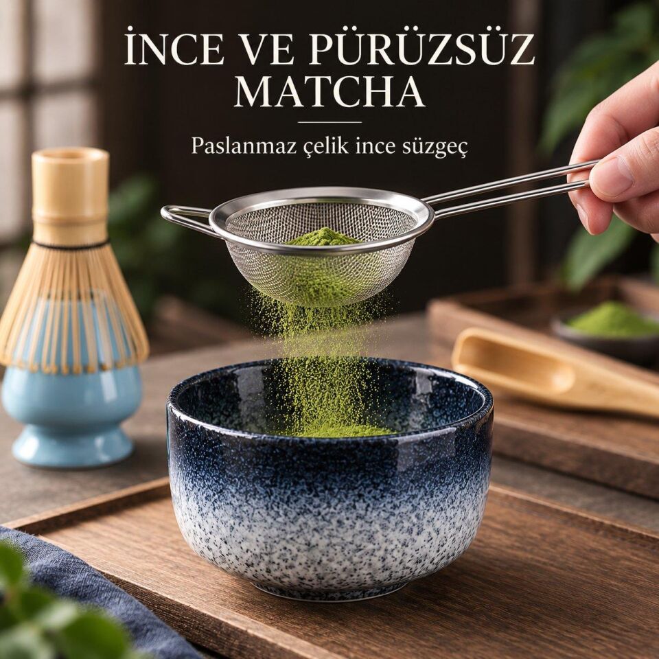 Valkyrie 6 Parça Matcha Hazırlama Seti Bambu Çırpıcı Seramik Kase Süzgeç Ölçü ve Kaşık Mavi