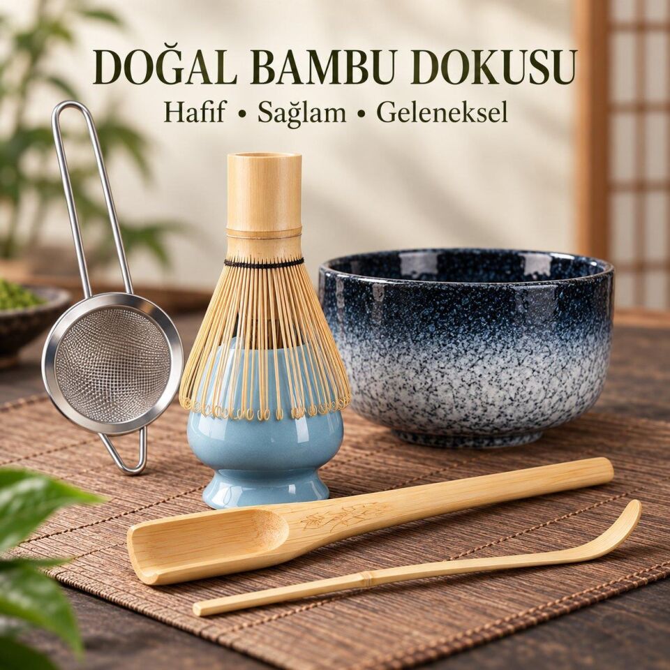 Valkyrie 6 Parça Matcha Hazırlama Seti Bambu Çırpıcı Seramik Kase Süzgeç Ölçü ve Kaşık Mavi