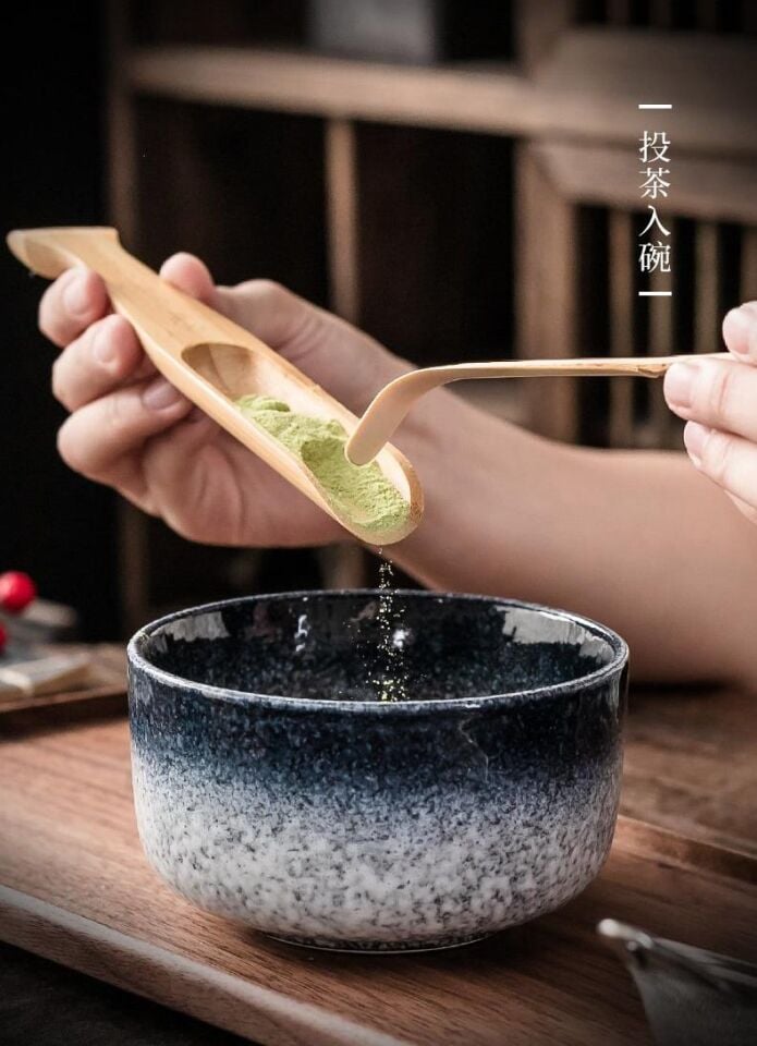 Valkyrie 6 Parça Matcha Hazırlama Seti Bambu Çırpıcı Seramik Kase Süzgeç Ölçü ve Kaşık Mavi