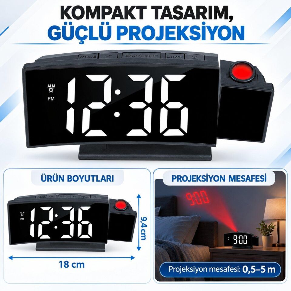 Valkyrie Projeksiyonlu Dijital Masa Saati LED Ekranlı Alarm Snooze Sıcaklık Tarih USB ve 3 AAA Pil Destekli