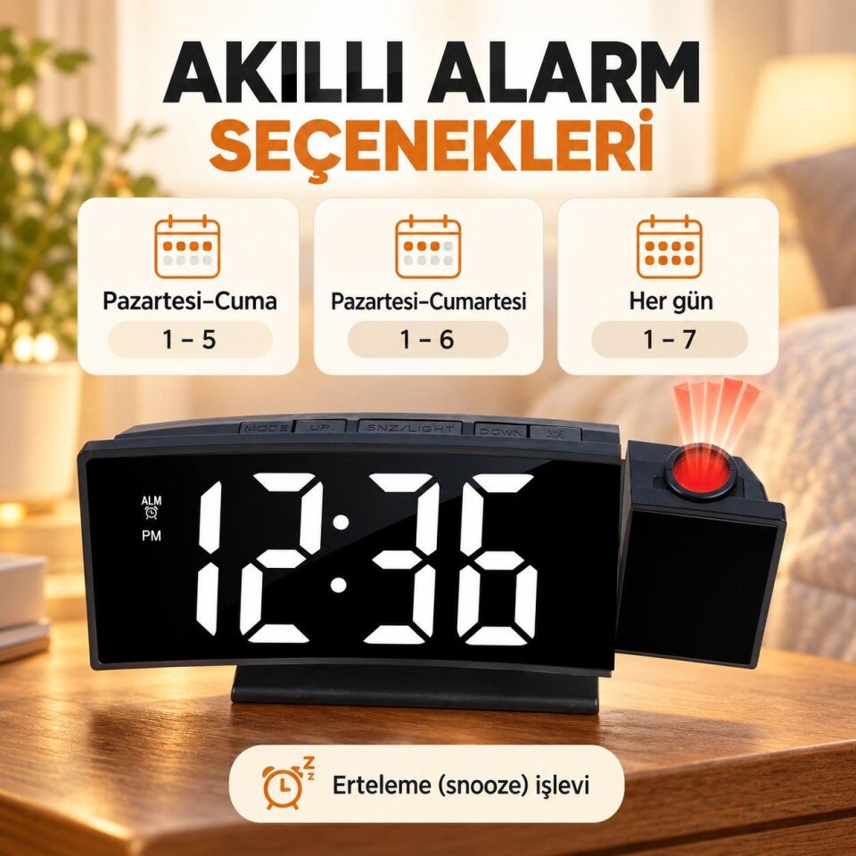 Valkyrie Projeksiyonlu Dijital Masa Saati LED Ekranlı Alarm Snooze Sıcaklık Tarih USB ve 3 AAA Pil Destekli