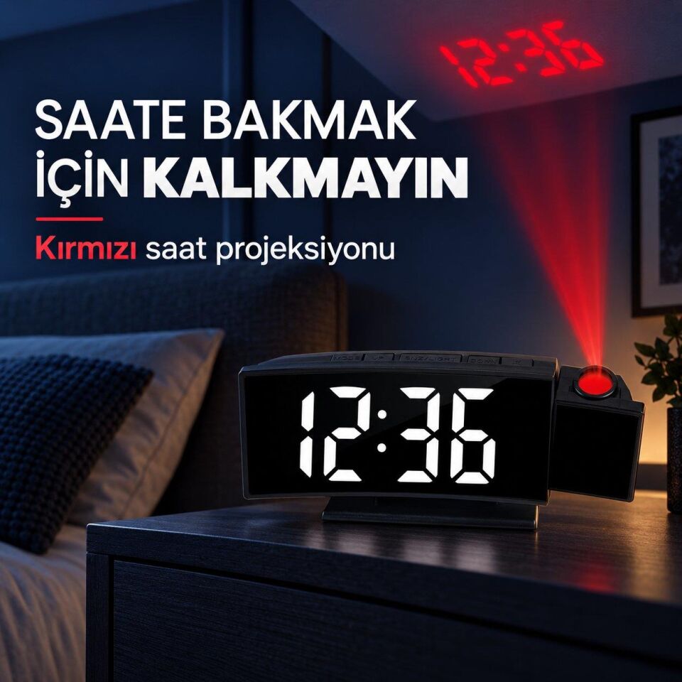 Valkyrie Projeksiyonlu Dijital Masa Saati LED Ekranlı Alarm Snooze Sıcaklık Tarih USB ve 3 AAA Pil Destekli
