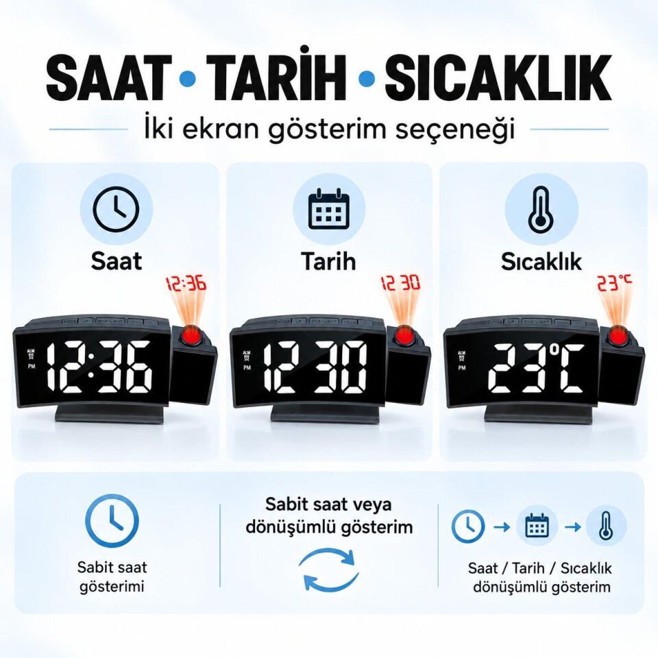 Valkyrie Projeksiyonlu Dijital Masa Saati LED Ekranlı Alarm Snooze Sıcaklık Tarih USB ve 3 AAA Pil Destekli