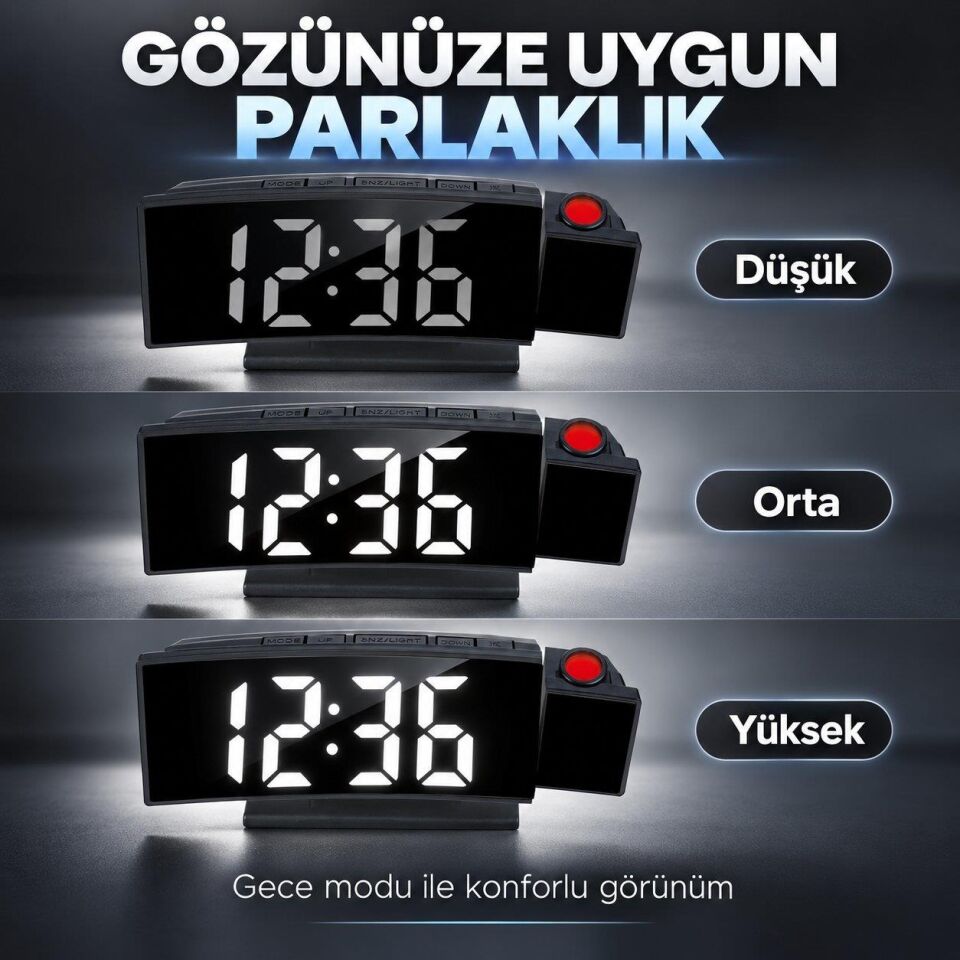 Valkyrie Projeksiyonlu Dijital Masa Saati LED Ekranlı Alarm Snooze Sıcaklık Tarih USB ve 3 AAA Pil Destekli